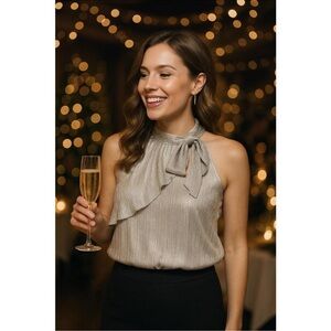 WHBM metallic flounce sleeveless halter top Women’s SZ XS in Silver